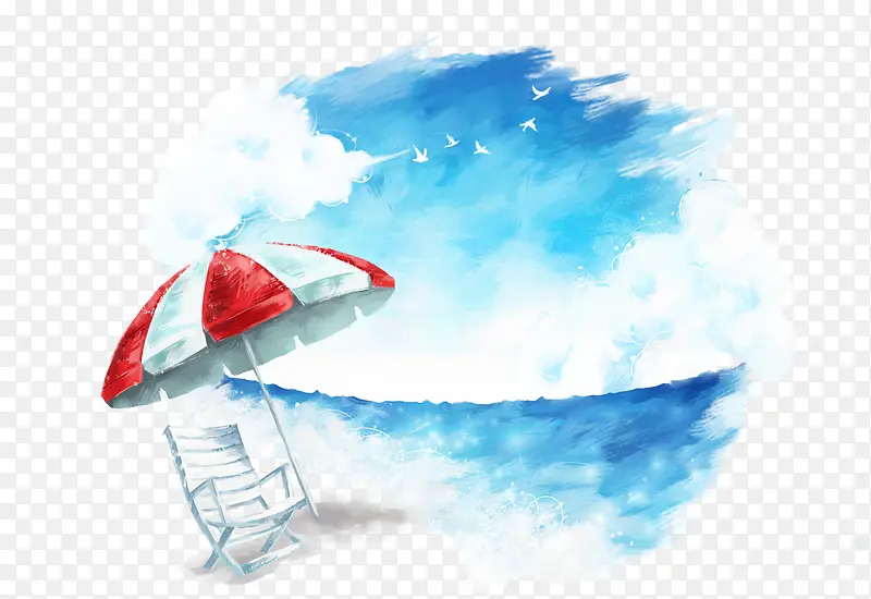 水墨蓝色水彩海滩雨伞椅子