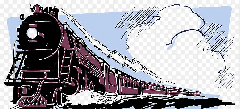 手绘漫画行驶中的蒸汽火车