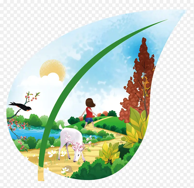 卡通手绘创意春游人物风景