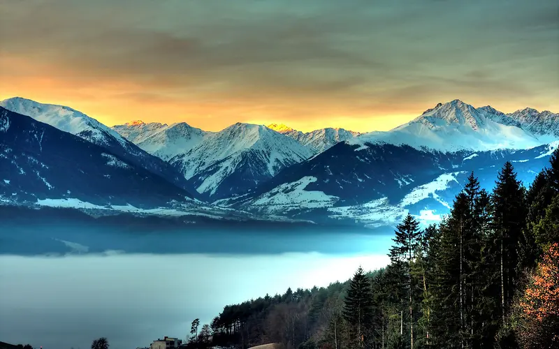 雪山大海水面树林夕阳环境渲染