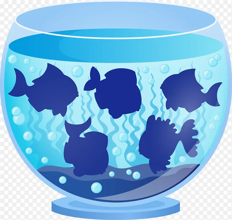 蓝色鱼类剪影和鱼缸