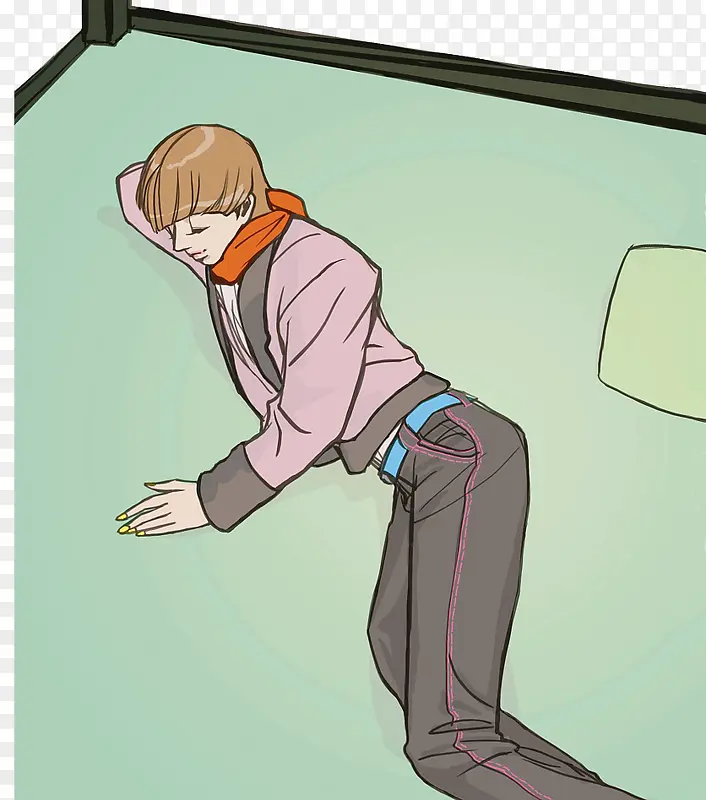 漫画风枕着胳膊睡在地板的女孩