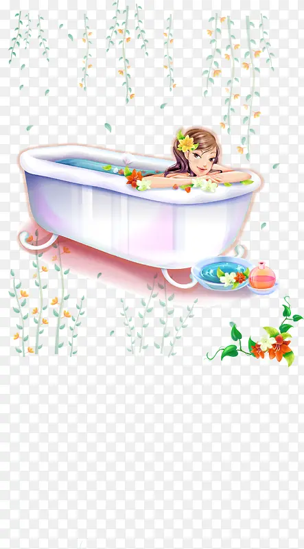 手绘插图女孩浴缸泡澡