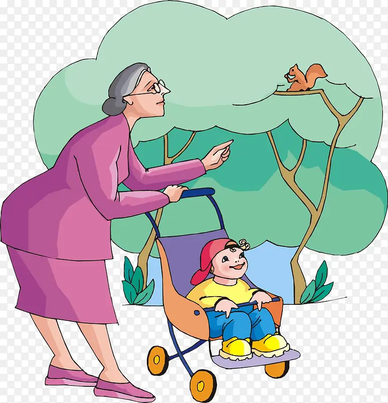 奶奶和孙子散步