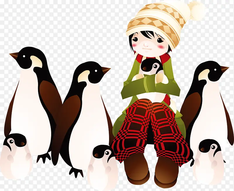 矢量企鹅与卡通女孩