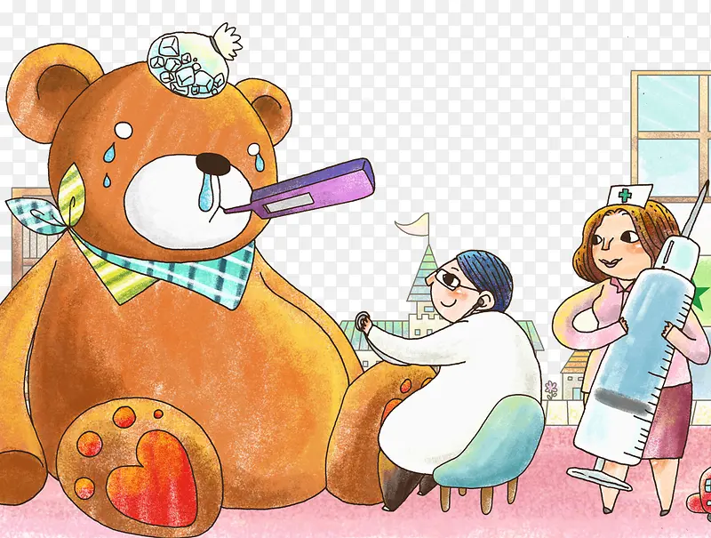 卡通玩具熊看医生插画
