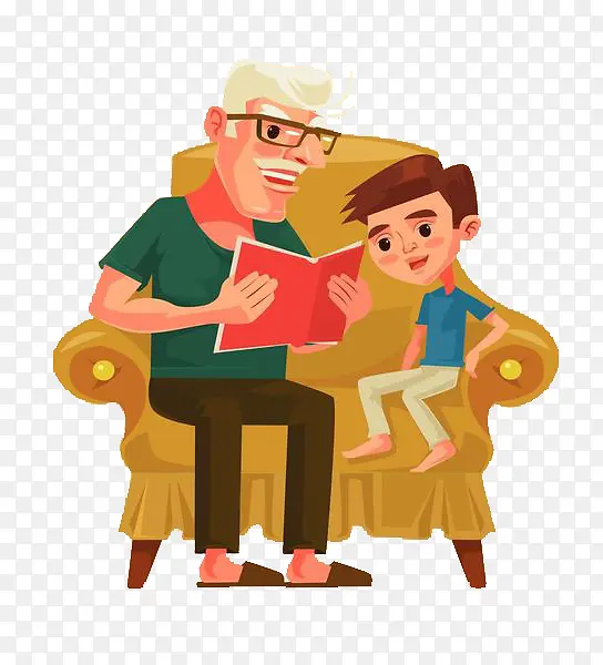 爷爷与孙子坐在沙发讲故事