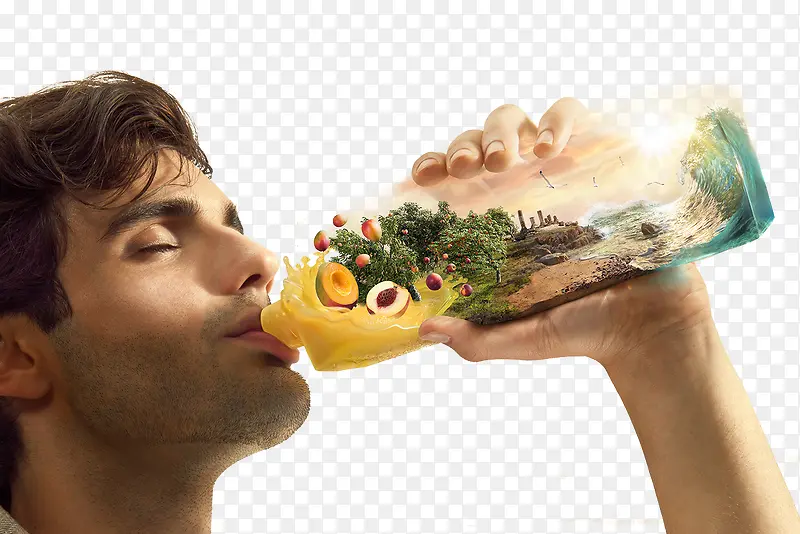 男人喝果汁创意海报