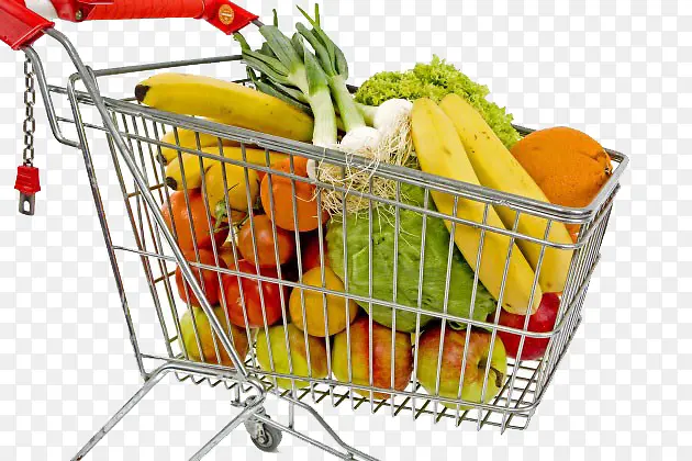 装满水果蔬菜的购物车