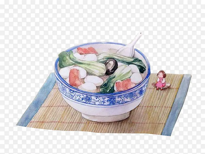 手绘青花瓷碗里的鱼丸汤