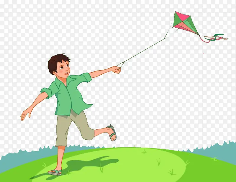 手绘漫画草地上放风筝的小男孩