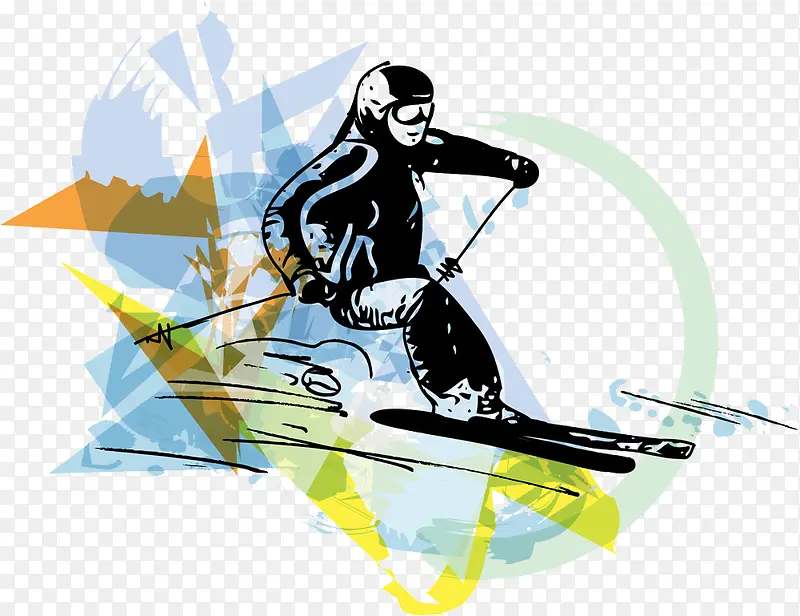 水彩墨迹滑雪运动员插画图片