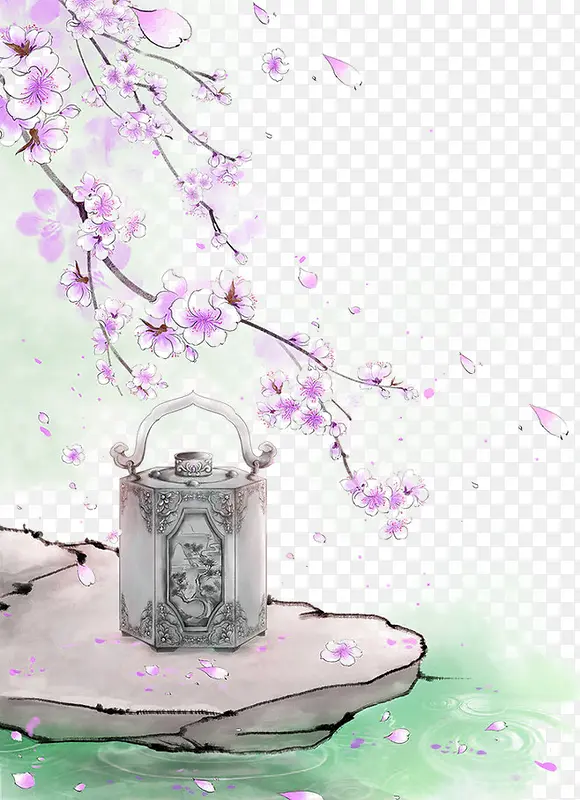 绿色清新桃花茶壶边框纹理
