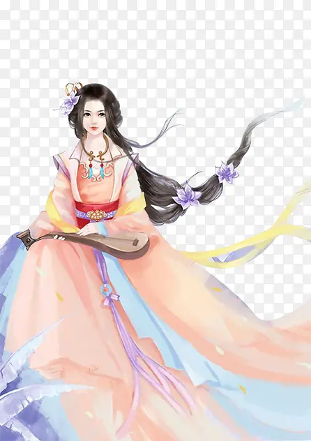 弹琴的长发美女古风手绘