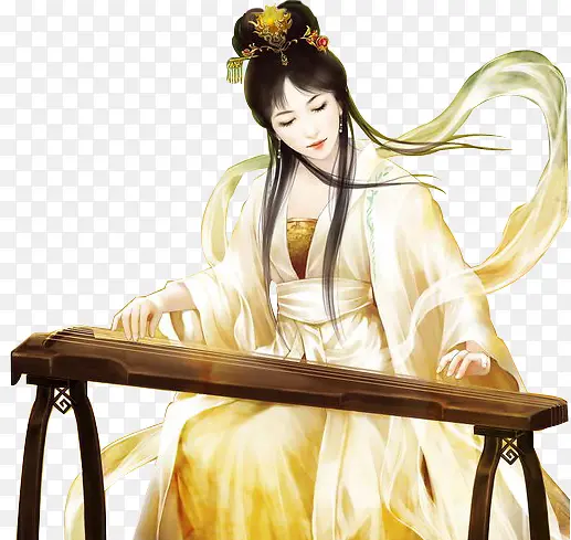 弹琴的黄衣美女古风手绘