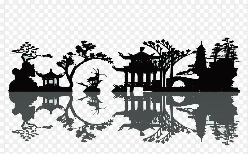 中国风水墨画园林水面倒影素材
