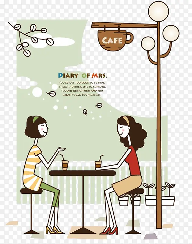可爱插图女孩露天咖啡厅喝咖啡