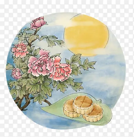 中国工笔画秋月花纹饼糕元素