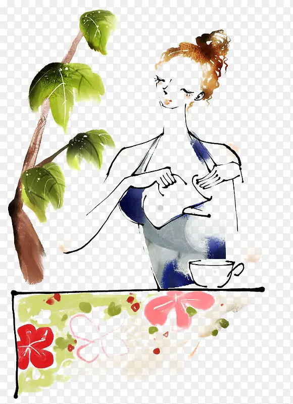 美女喝茶插画图片素材