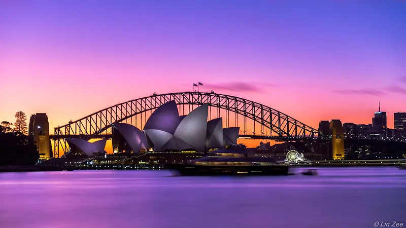 悉尼歌剧院夕阳晚上天空河面