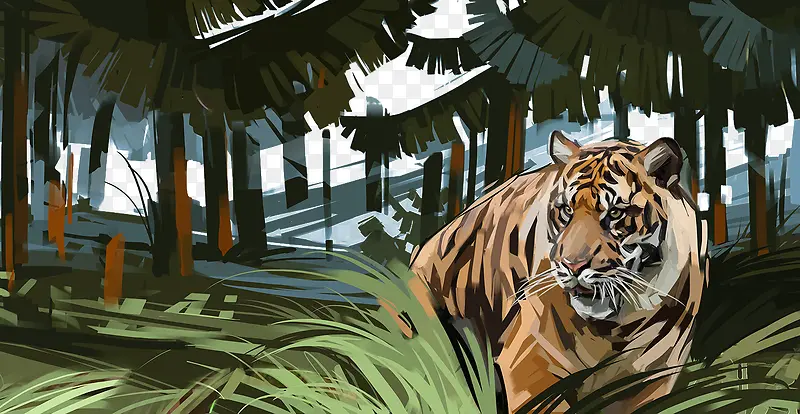 手绘老虎图案芭蕉森林背景