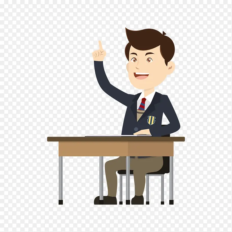 坐在桌上举手的校服男生