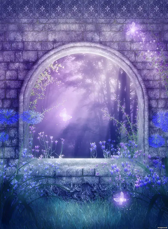 紫色花朵拱形窗户背景