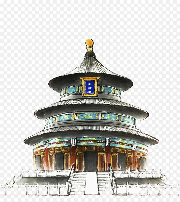 手绘水彩插图中国寺庙
