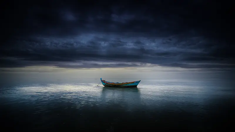 蓝色日落水面小船海报背景