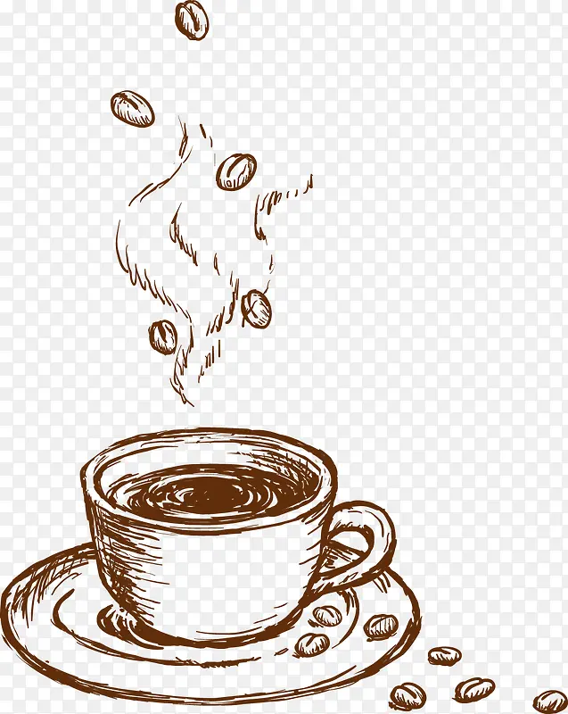掉落咖啡豆的咖啡杯素描