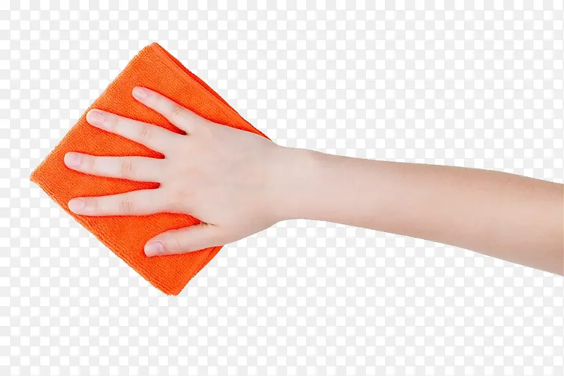 手拿橘黄色的抹布