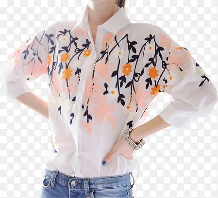 手绘古典白色衬衣花朵