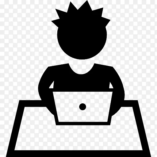 学生学习计算机的男孩坐在桌子图标