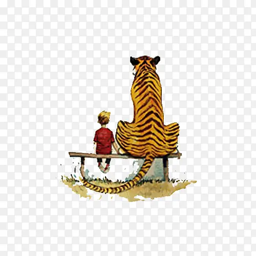 彩绘风格小孩和老虎坐着的背影图