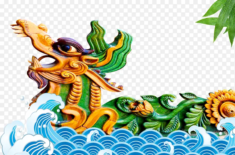 龙舟雕刻卡通海浪树叶装饰