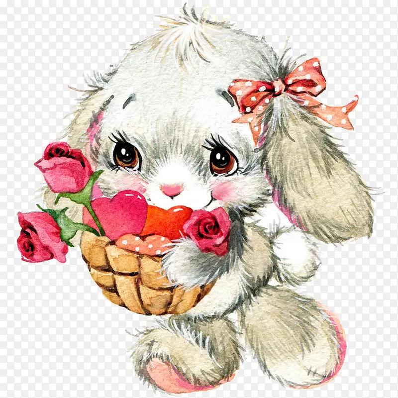 抱玫瑰花和爱心的水彩兔子