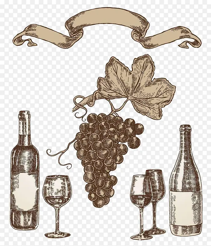 红酒酒杯葡萄酒素描插画