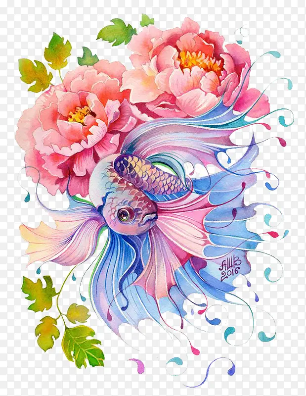 水彩花鱼