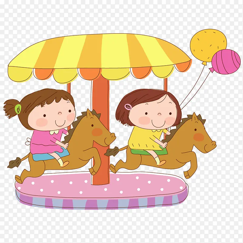 两个女孩在玩旋转木马