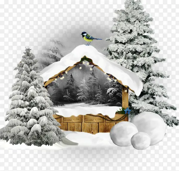 卡通雪天背景小屋