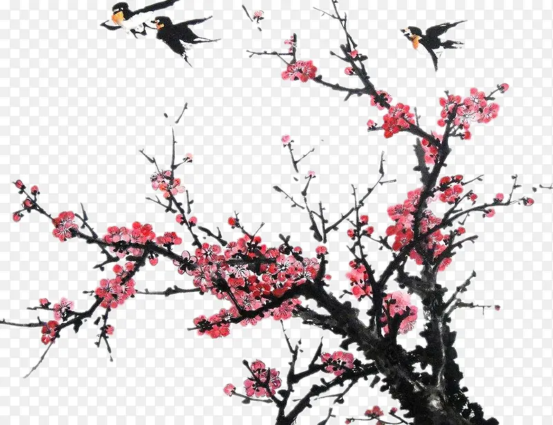 桃花树上的飞过的燕子
