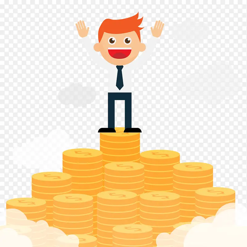 金币堆上欢呼的商务男子矢量图图
