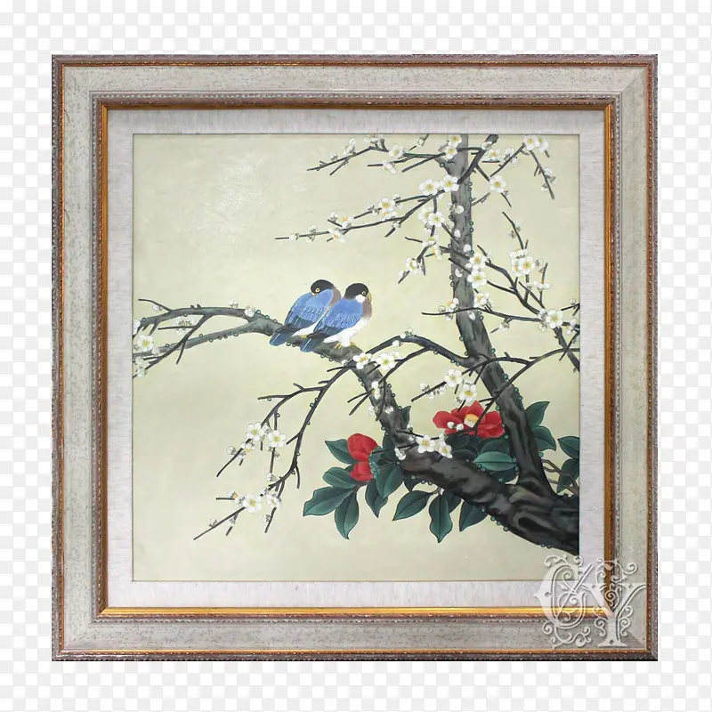 中式木框鸟上枝头古风古典艺术画