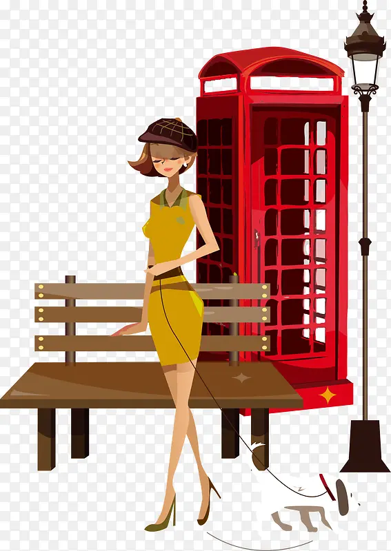 矢量电话亭边上的时尚女孩