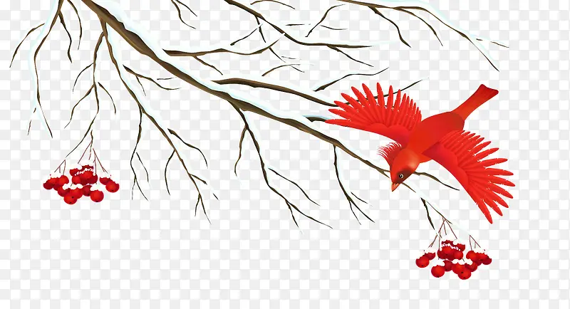 手绘树枝小红鸟和山楂