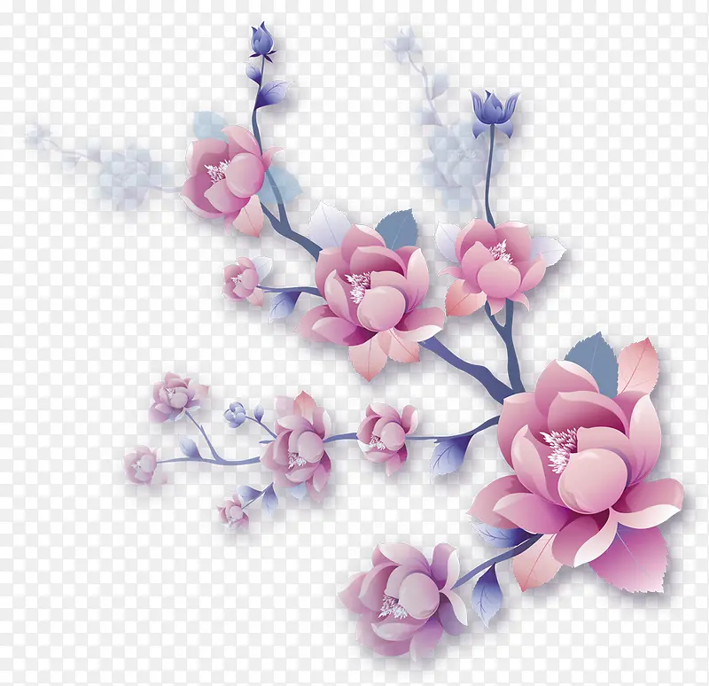 粉色手绘盛开花朵树枝七夕情人节