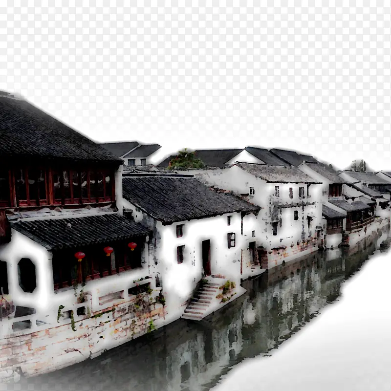 江南传统建筑小河岸边风景背景