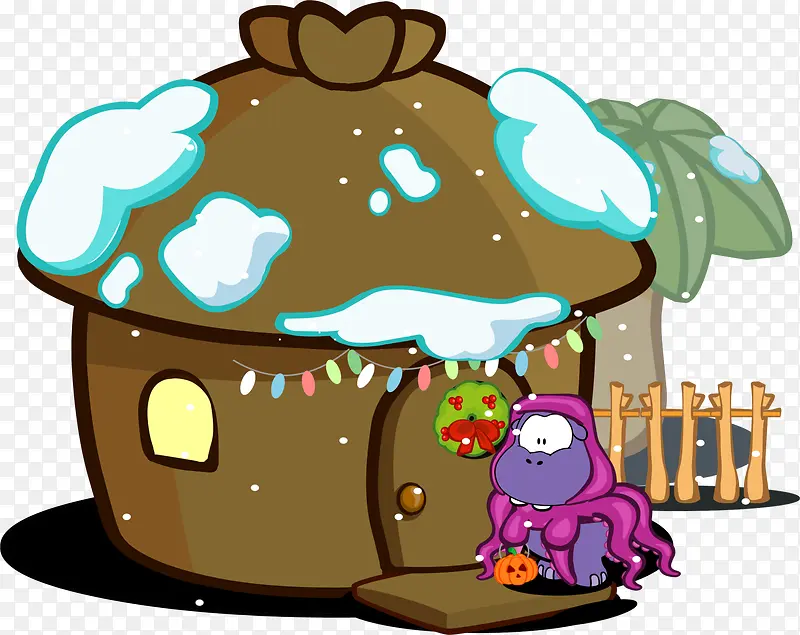 褐色卡通冬季积雪小屋