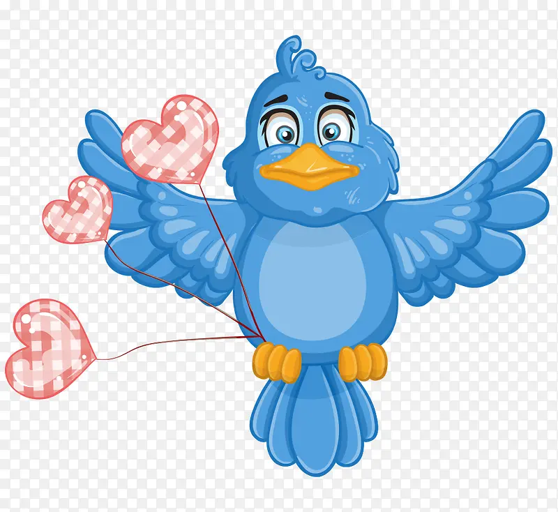 卡通手绘蓝色心形气球小鸟