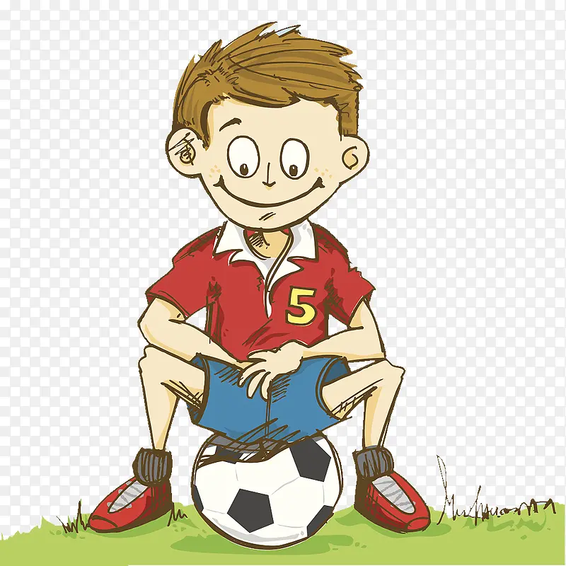 草地上坐着足球的小男孩